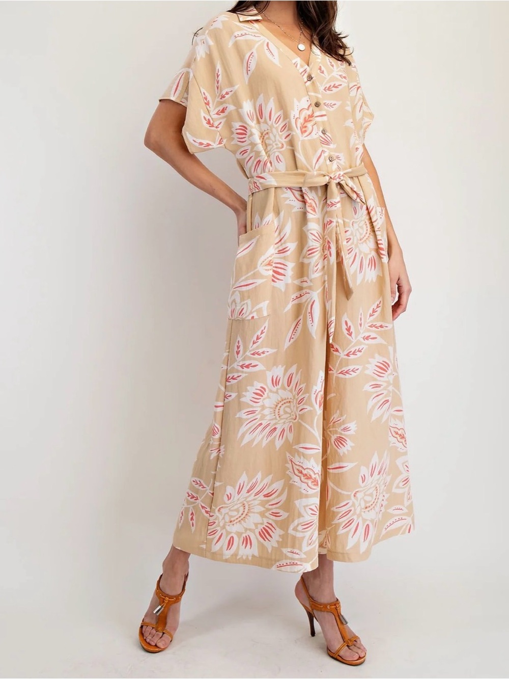 Beige Floral V-Neck Belted Jumpsuit